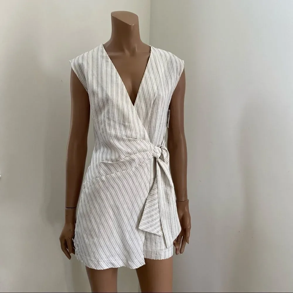 NEW ZARA stripes wrap side tie linen romper XS